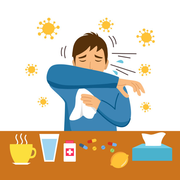 患流感的病人坐在桌子上，桌上放着药、纸巾、水和柠檬。他用手帕打喷嚏，还发烧。冠状病毒- covid-19流感疾病概念。图片下载