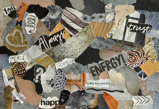 拼贴情绪板与自然的色彩和禅宗精神的概念。这张纸是用撕破的旧杂志废纸和印刷品制成的。创造性的现代艺术的结果。图片下载