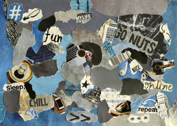 拼贴情绪板与蓝色，灰色，和黑色的颜色图片下载