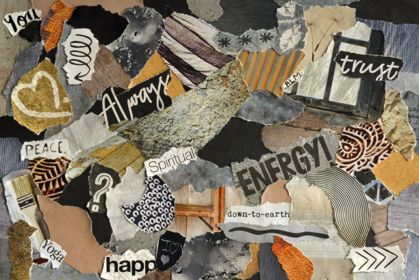 拼贴情绪板与自然的色彩和禅宗精神的概念。这张纸是用撕破的旧杂志废纸和印刷品制成的。创造性的现代艺术的结果。图片下载