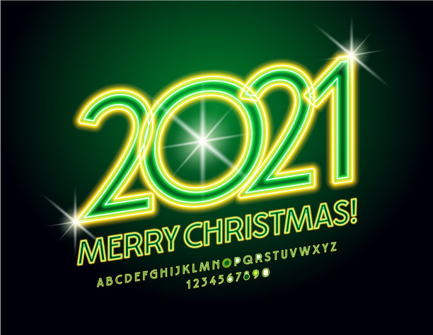 矢量照明贺卡圣诞快乐2021!黄色和绿色氖气字母和数字集图片下载