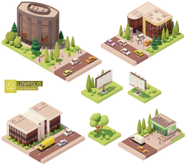 矢量等距建筑和街道元素图片下载