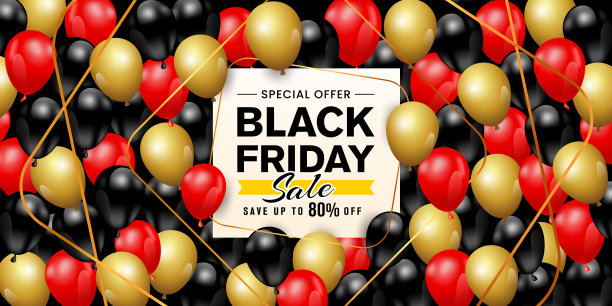 豪华黑色星期五促销，节省高达80%的折扣(可以替换任何价值)海报与许多闪亮的红色，金色和黑色气球。最好的使用横幅，网页，清仓销售，标题，传单，奢侈品牌，珠宝品牌，溢价概念等。图片下载