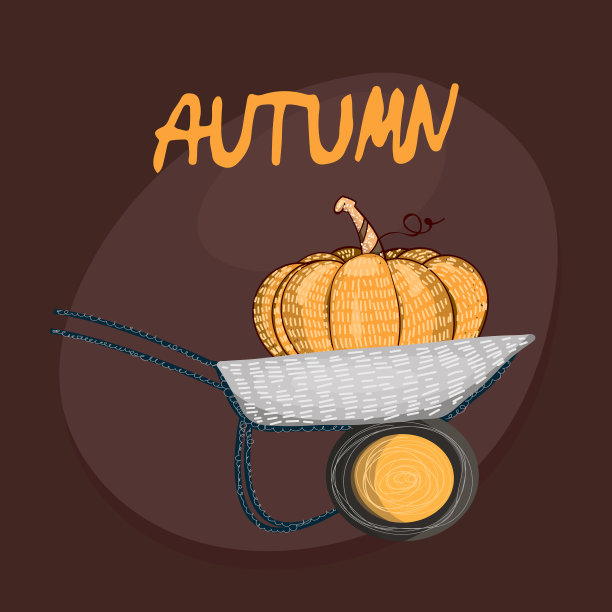 贴纸描绘了一个花园手推车和一个南瓜在明亮的背景图片下载