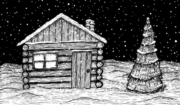 冬季矢量图。在圣诞树旁边用笔画的雪木屋。图片下载