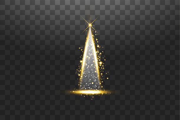 照明灯闪亮的圣诞树孤立在透明的背景。白色和金色的圣诞树象征新年快乐，庆祝圣诞佳节快乐。明亮灯光装饰设计。向量。图片下载
