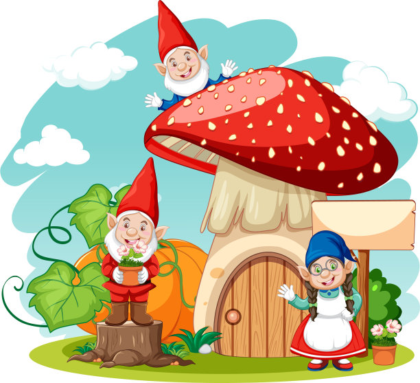 侏儒和蘑菇屋卡通风格的白色图片下载