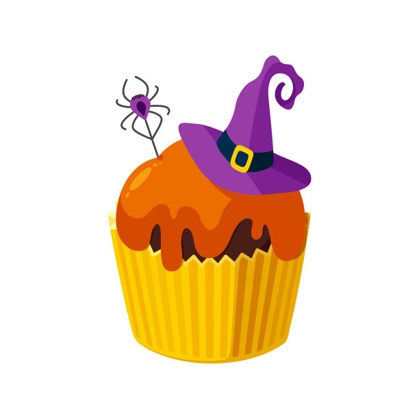 有蜘蛛和女巫帽的万圣节纸杯蛋糕。万圣节派对的甜点。矢量图图片下载