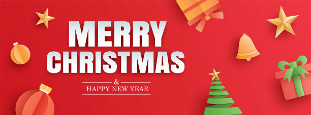 圣诞快乐和新年快乐的红色贺卡在纸艺术横幅模板。使用头部网站，封面，传单。图片下载