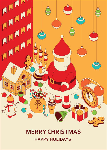 圣诞背景与等距可爱的玩具。有趣的圣诞老人和姜饼屋图片下载