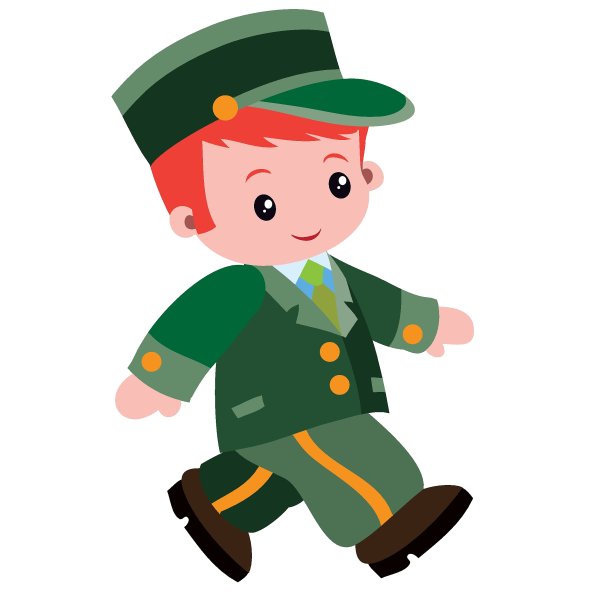 穿着绿色特殊套装的接待员行走，卡通插图，白色背景上的孤立物体，矢量，图片下载