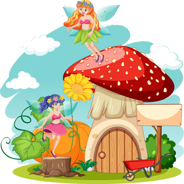 卡通风格的蘑菇屋和童话故事图片下载