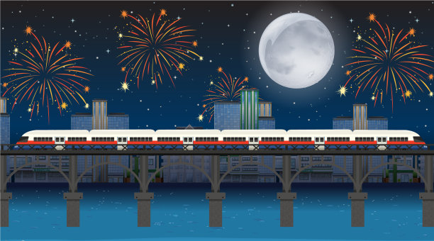 火车带着庆祝的烟火过河图片下载