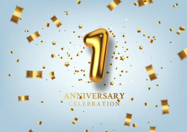 1日周年庆典。数字以金色气球的形式。逼真的3d黄金数字和闪闪发光的五彩纸屑，蛇纹石。生日或婚礼事件的水平模板。矢量插图。图片下载