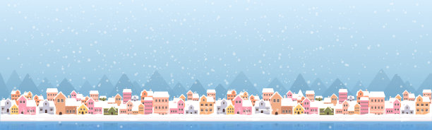 冬季小镇平面风格与降雪和山抽象背景图片下载