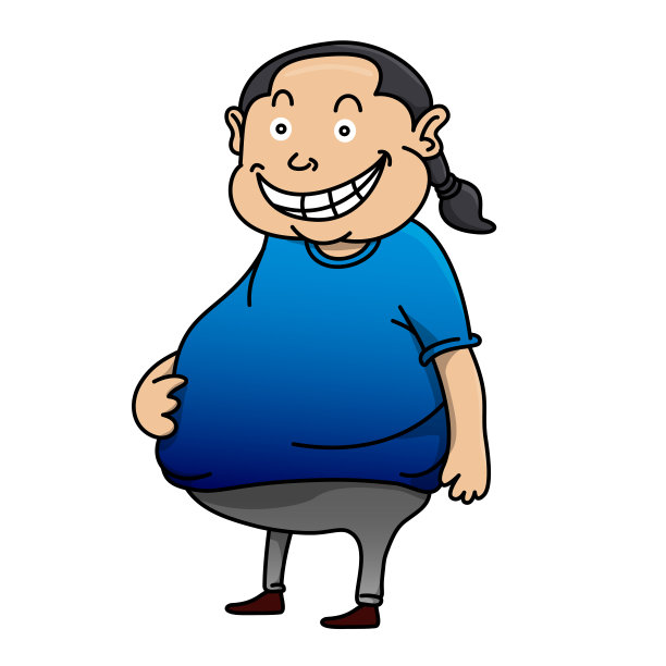 胖大叔面带微笑，穿着一件蓝色的t恤。涂鸦风格孤立的白色背景。图片下载