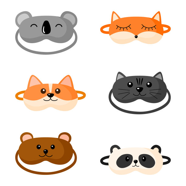 套装儿童睡眠面罩，白色背景，不同设计。为睡觉的人类和柯基，猫，熊猫，狐狸，熊，考拉设置面膜图片下载