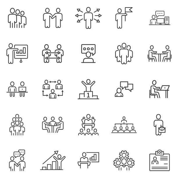 商务沟通轮廓图标设置在平面风格。团队结构线矢量插图在白色孤立的背景。办公室团队线性笔划的经营理念。图片下载
