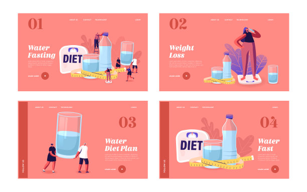 角色饮水饮食登陆页面模板集。小男人和女人在巨大的瓶子和玻璃杯与纯水图片下载
