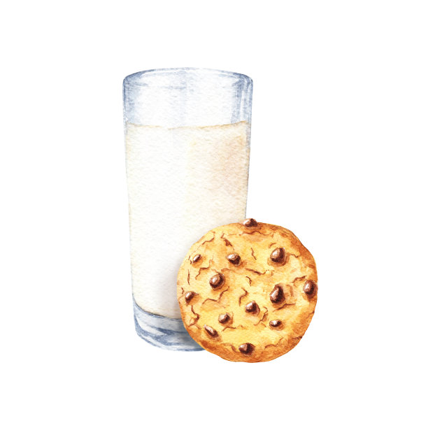 手绘水彩牛奶与饼干在白色的背景。说明现实的食物。图片下载