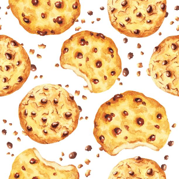 手绘水彩饼干与面包屑无缝图案，食物糕点重复的背景。美味的插图。图片下载