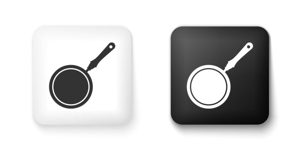 黑色和白色煎锅图标孤立在白色背景。方形按钮。向量图片下载