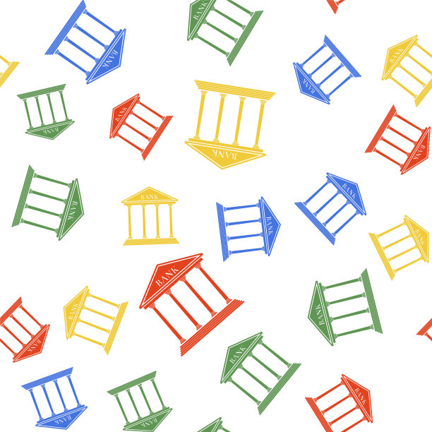 彩色银行建筑图标隔离无缝模式上的白色背景。向量图片下载