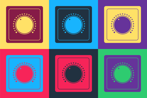 波普艺术电灯开关图标孤立在彩色背景上。开和关图标。调光开关标志。节能理念。向量图片下载