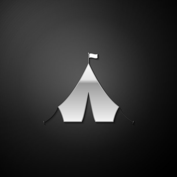 银色旅游帐篷旗帜图标孤立在黑色背景。长长的阴影风格。向量图片下载