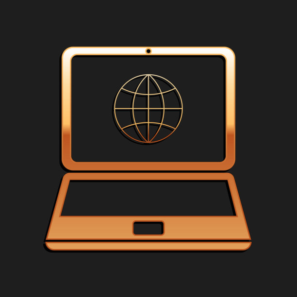 金色地球台屏幕上的笔记本电脑图标孤立在黑色背景上。带地球仪标志的笔记本电脑。长长的阴影风格。向量图片下载