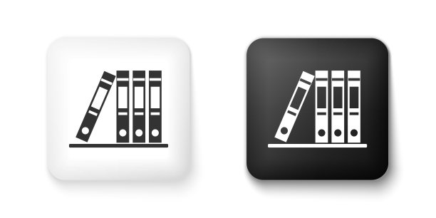 黑色和白色的办公室文件夹，文件和图标隔离在白色背景上。档案文件夹签名。方形按钮。向量图片下载