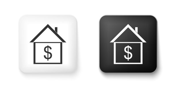 黑白白宫与美元图标孤立在白色背景。家庭和金钱。房地产的概念。方形按钮。向量图片下载