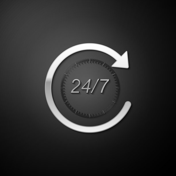 银色打开一天24小时，一周7天图标孤立在黑色背景。全天循环图标。长长的阴影风格。向量图片下载