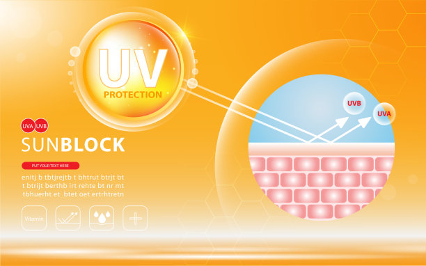 防晒广告模板，防晒化妆品设计与保湿霜或液体，闪闪发光的背景与闪光波尔卡，矢量设计。图片下载