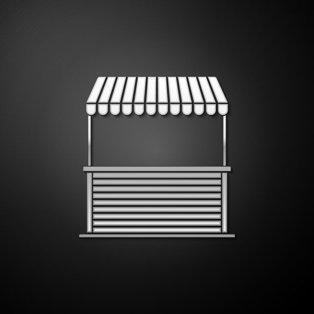 银色街道摊位与遮阳篷和木架图标孤立在黑色背景。有木架子的亭。长长的阴影风格。向量图片下载