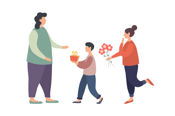 孩子们给心爱的女人送礼物和鲜花。母亲的一天。图片下载