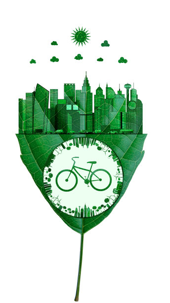 智慧城市里一辆剪着绿叶的自行车。图片下载