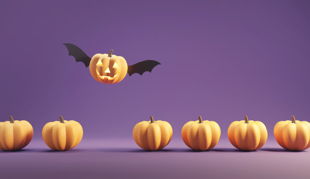 万圣节的概念，快乐的杰克O灯笼与翅膀飞翔在南瓜在紫色的背景，最小的风格，3d渲染图片下载