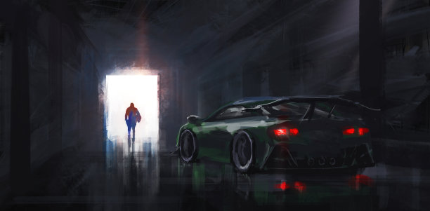 骑车人离开车库，数码绘画。图片下载