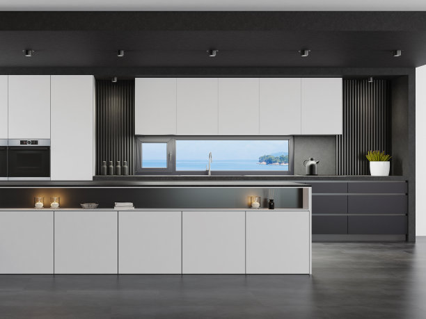 带长岛台的奢华哑光黑白简约意大利风格厨房内饰图片下载