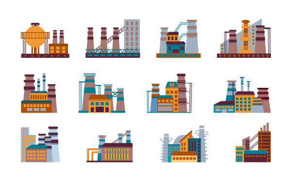 工厂图标集。一套工业工厂在一个白色的背景孤立的风格。工业建筑的概念。工业园区。有烟囱、管道和水箱的发电厂。图片下载