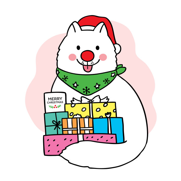 手绘卡通可爱圣诞快乐，狗和礼品盒矢量。图片下载