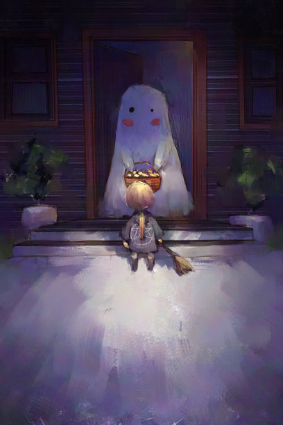 数字艺术绘画的女孩在万圣节习俗，trick or treat，丙烯酸帆布纹理，讲故事的插图素材图片