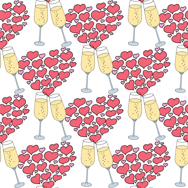 矢量无缝模式上的爱情主题。情人节无缝酒杯和心形。美丽的抽象图案与情人节无缝图案装饰设计。标志元素为婚礼插图。复古设计。贺卡图片下载