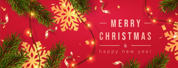 圣诞问候横幅与圣诞装饰冷杉树枝和五彩纸屑，矢量插图。素材图片