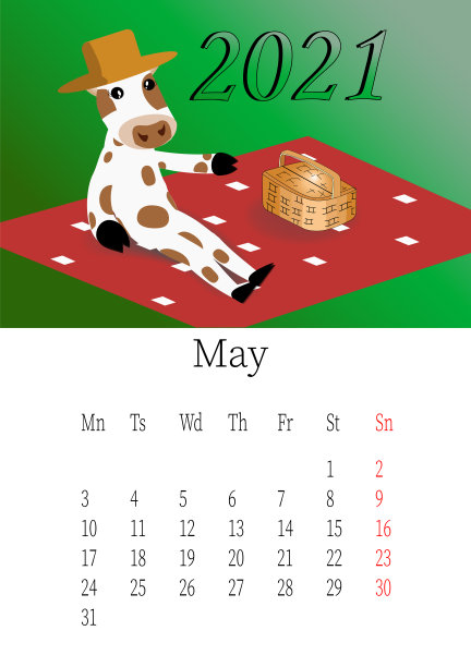 2021年5月。日历月与一头戴着滑稽帽子的公牛在野餐。可编辑的矢量模板。矢量插图在一个平坦的风格。图片下载