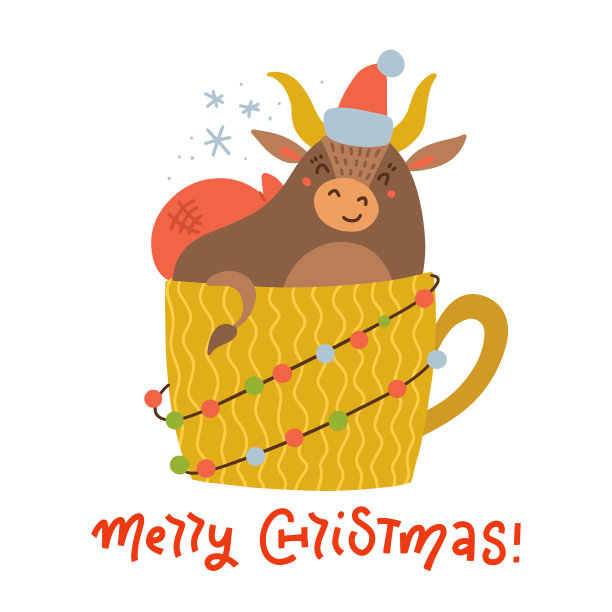 可爱的公牛在黄色的杯子。打印节日织物，贺卡，日历，明信片。戴着圣诞帽的牛。矢量平面手绘插图。图片下载
