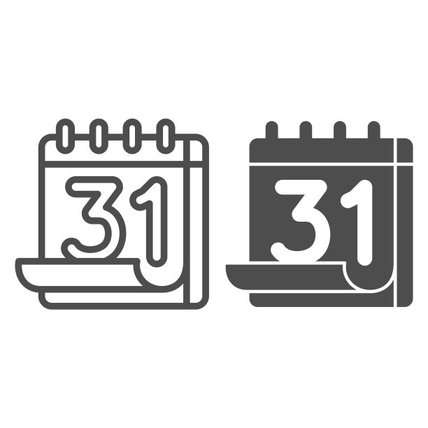 日历第31行和固体图标，重要日期概念，日历表在白色背景上签字，第31个数字日历图标在大纲风格的移动概念。矢量图形。图片下载