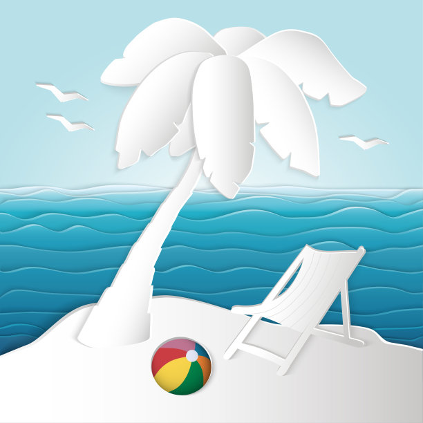 矢量航海海滩插图剪纸棕榈树，海滩和太阳躺椅图片下载