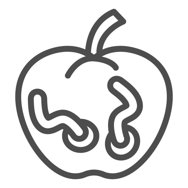 苹果与蠕虫线图标，万圣节的概念，腐烂的水果标志在白色的背景，被宠坏的蠕虫苹果图标在轮廓风格的移动概念和网页设计。矢量图形。图片下载